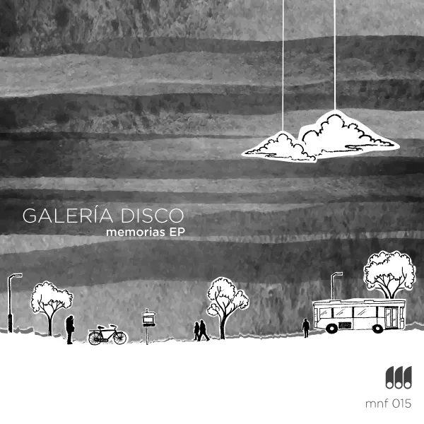 Illustration for Memorias EP by Galeria Disco, featuring a prominent geometric shape in the center against a solid background.
