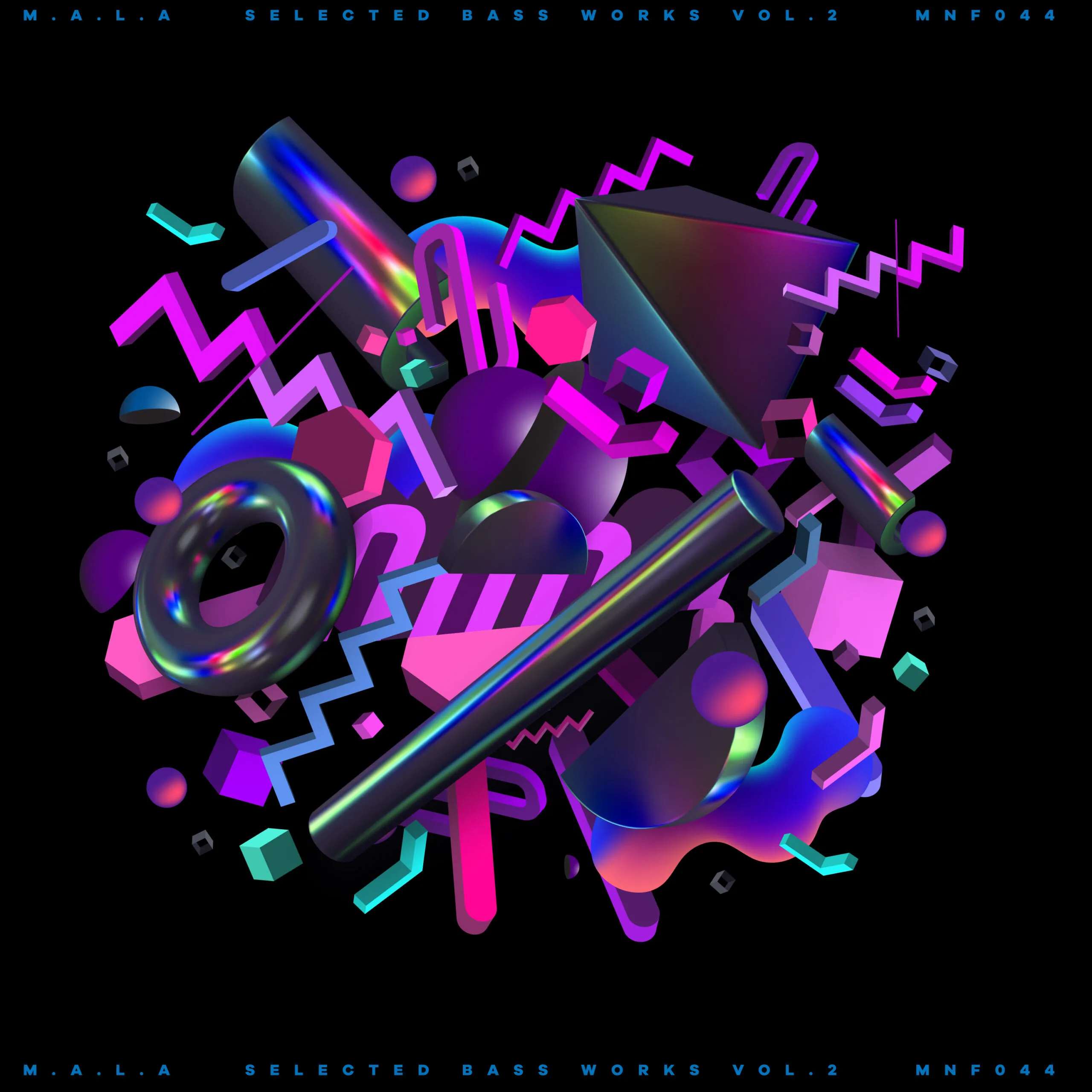 Illustration for Selected Bass Works Vol. 2 by MALA, featuring abstract designs and vibrant colors.